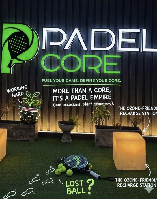 Inside Padel Core — neon sign, turf lounge and recharge seating